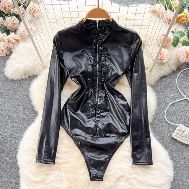 Women's Leather Bodysuit Black