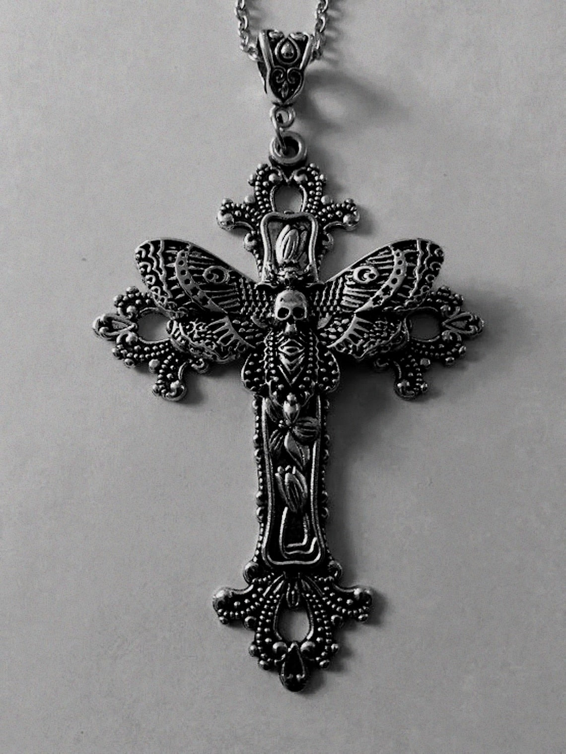 Skull Moth Cross Necklace