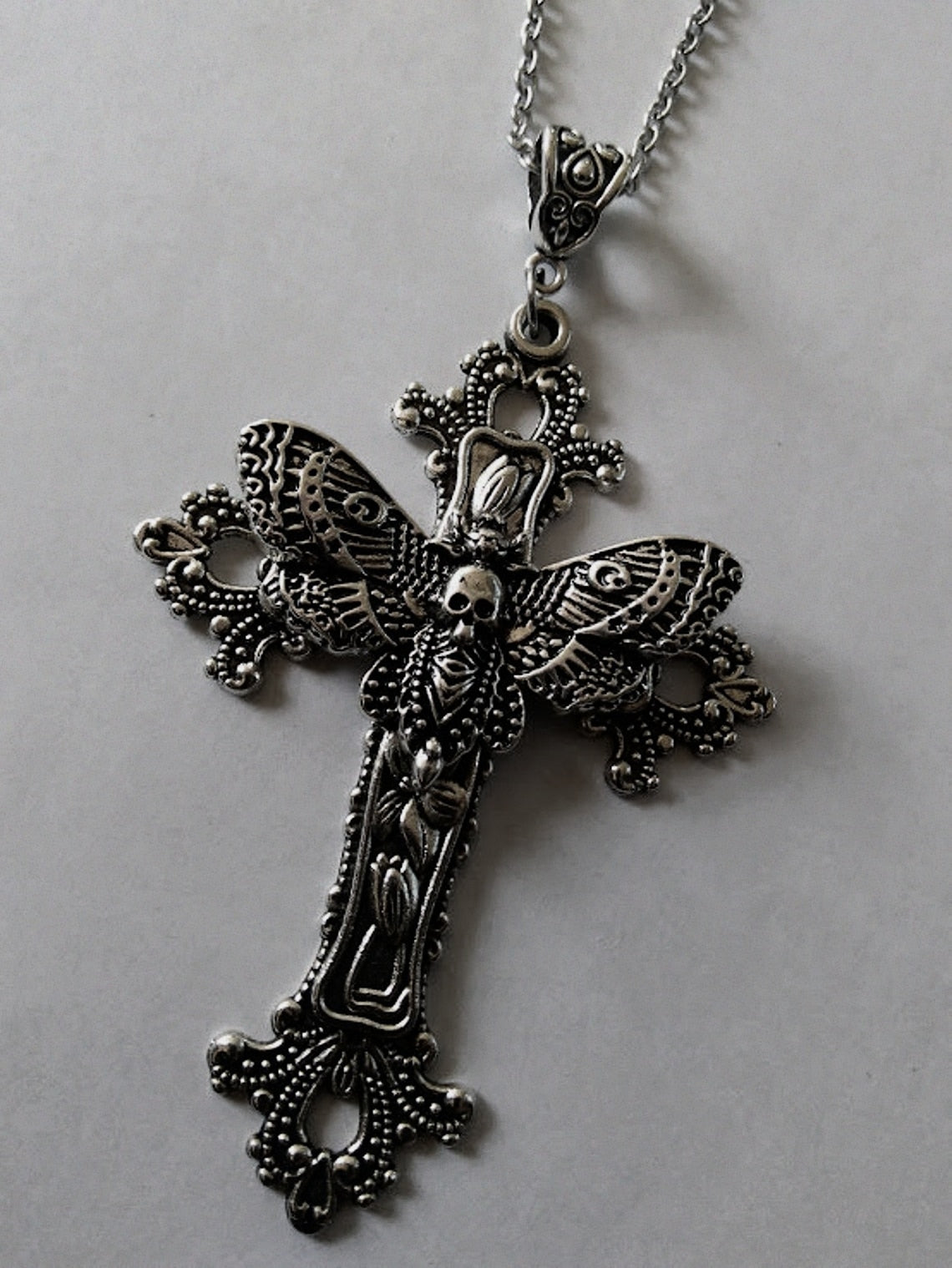 Skull Moth Cross Necklace