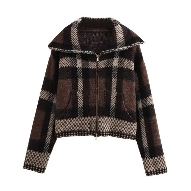 Women's Plaid Knitted Cardigan Brown